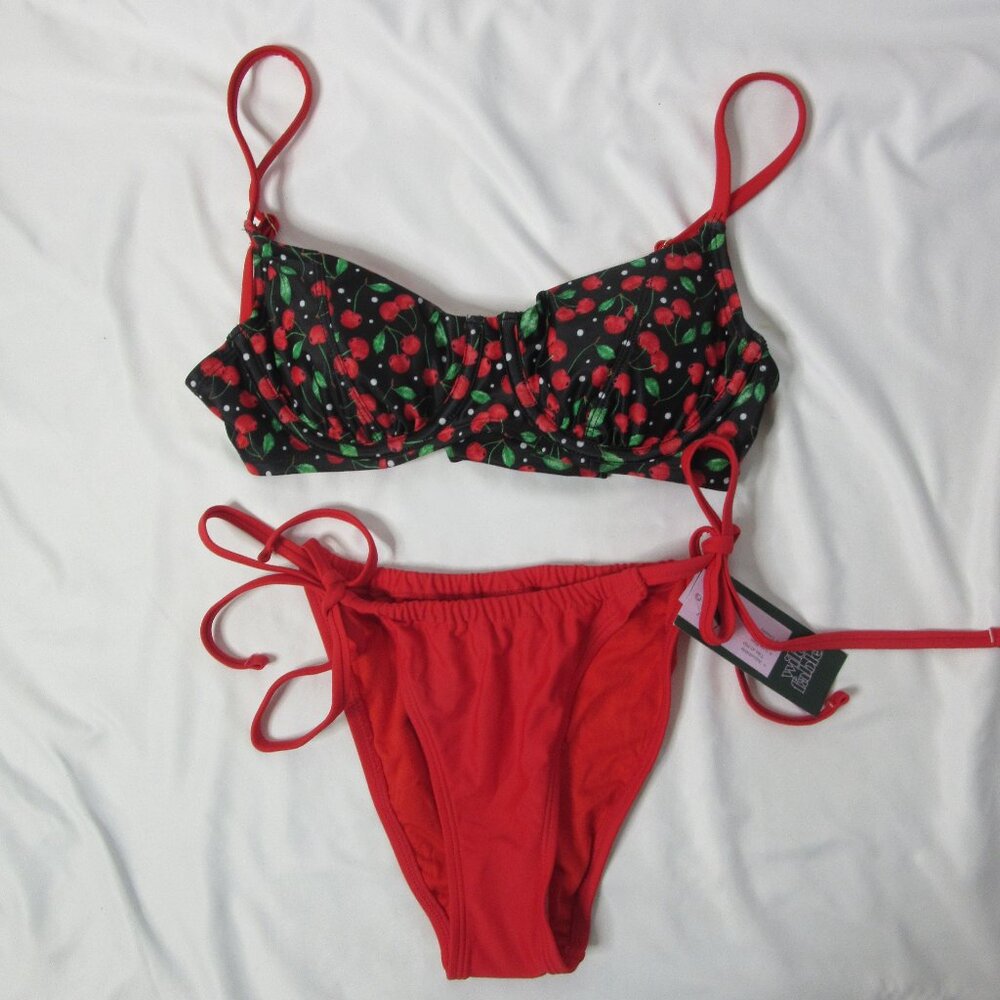 wild fable 2 Piece Bikini Black with Red Cherries Red Bottoms Size XXS NWT